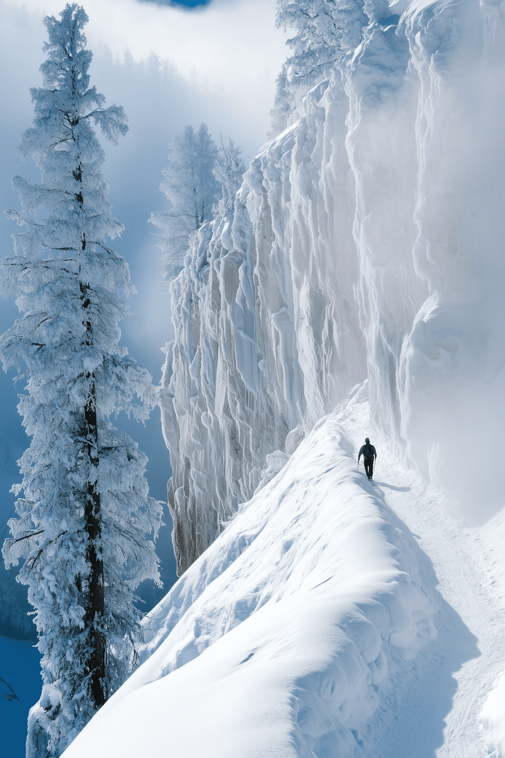 A hiker on a snowy ridge beside a towering icy cliff