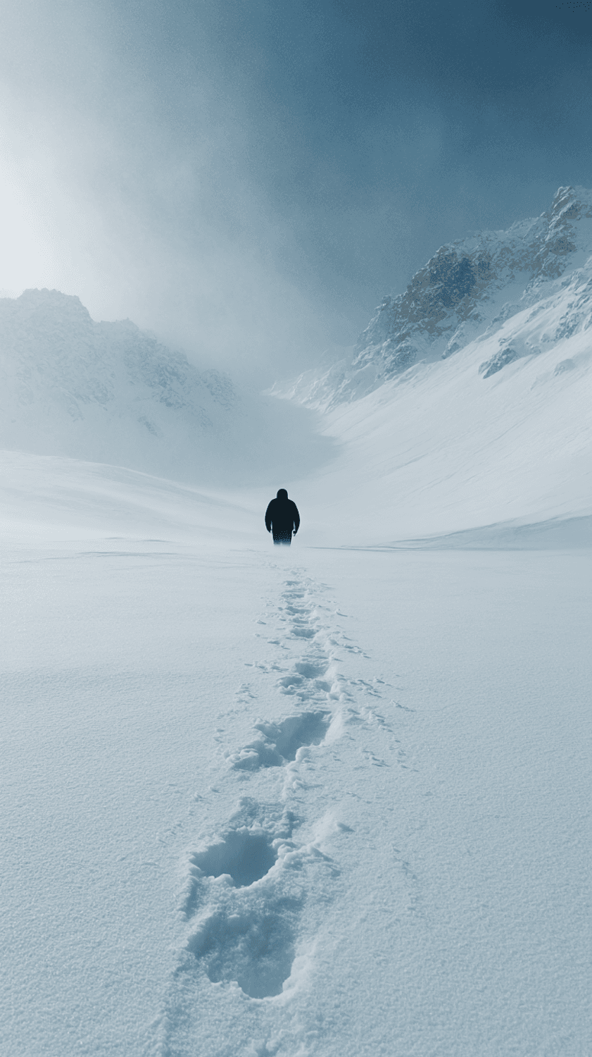 A lone figure walking through a snowy valley between misty mountains