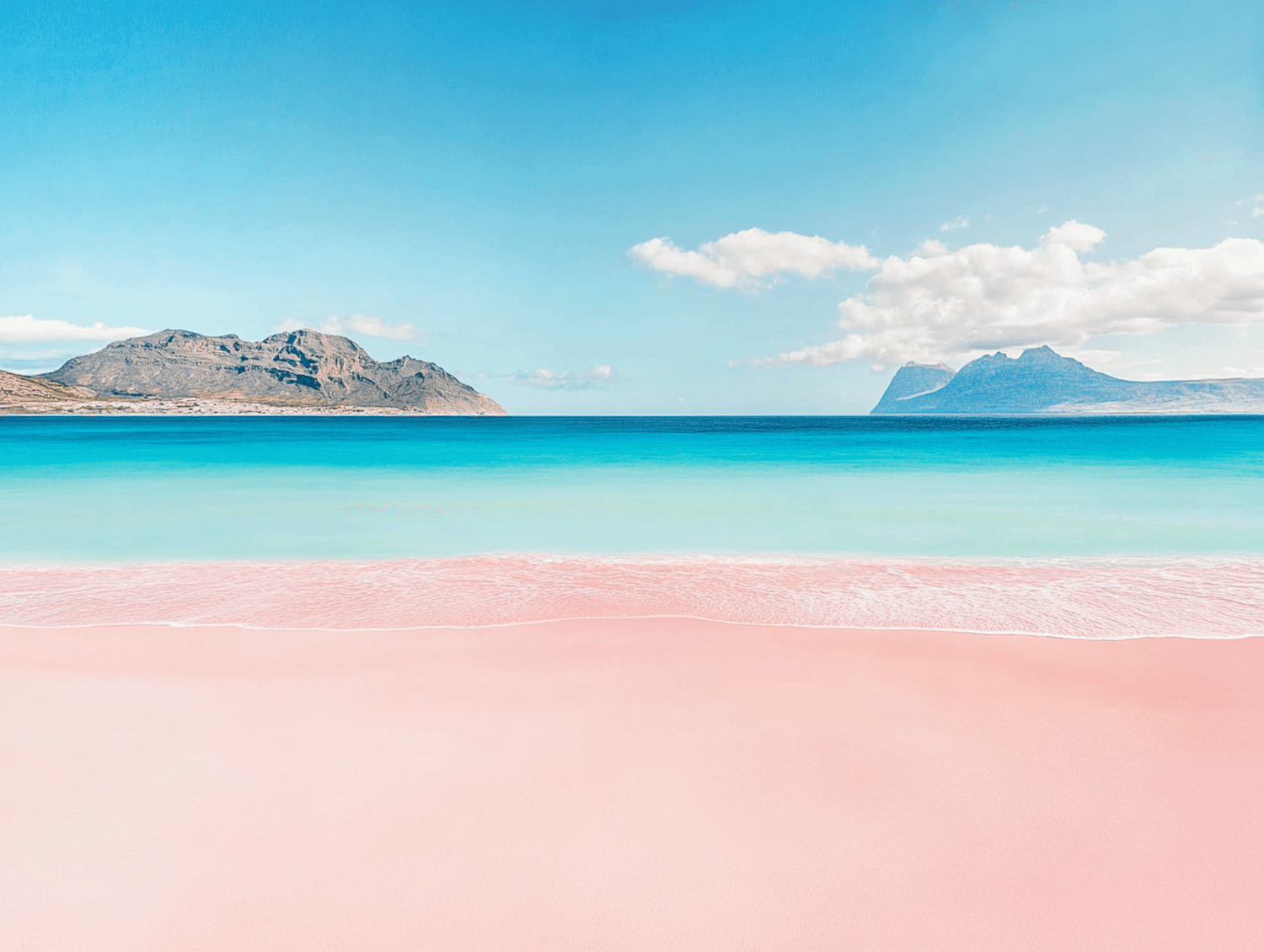 A wide beach of pale sand and turquoise water below distant hills