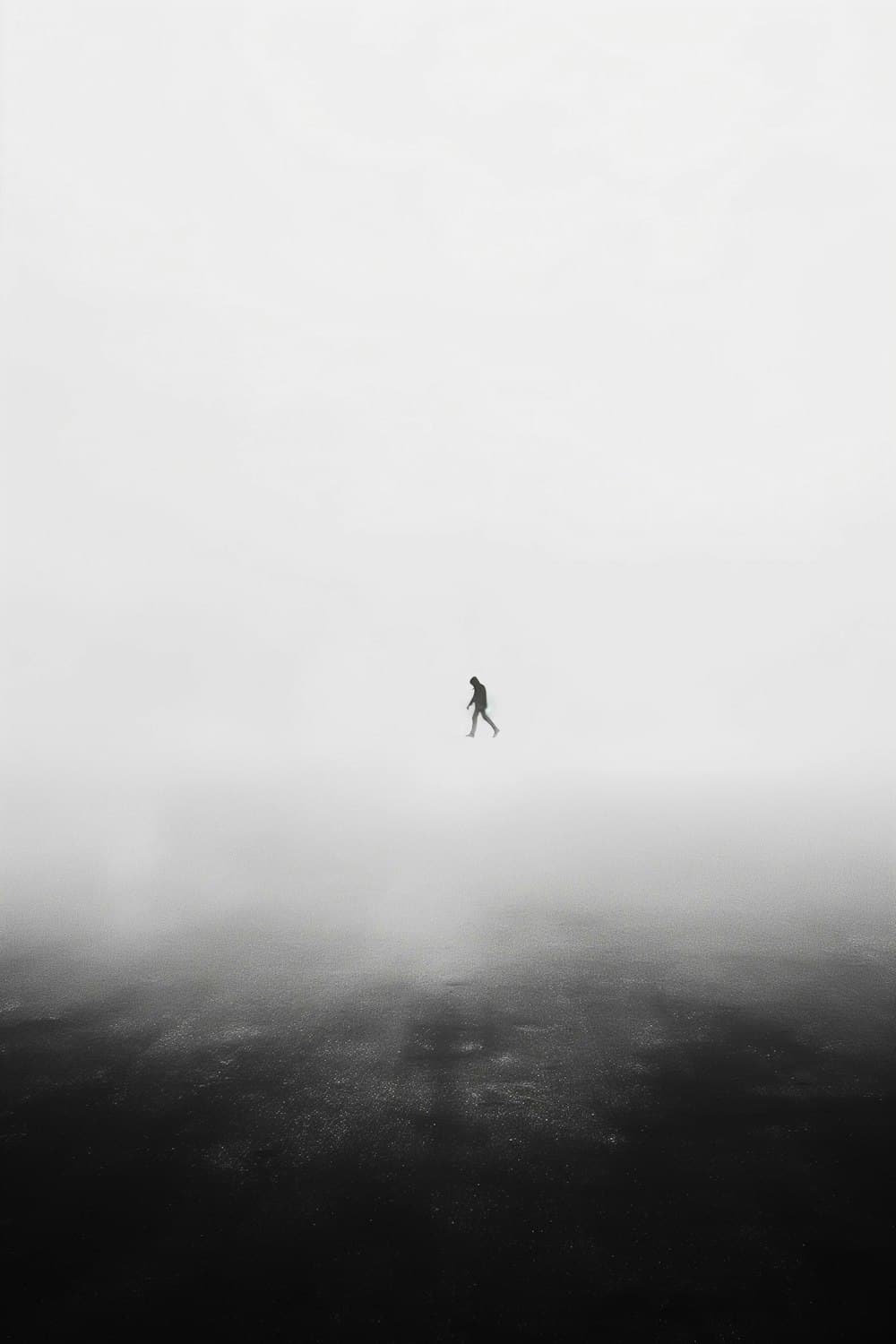 A lone figure walking into dense grey fog