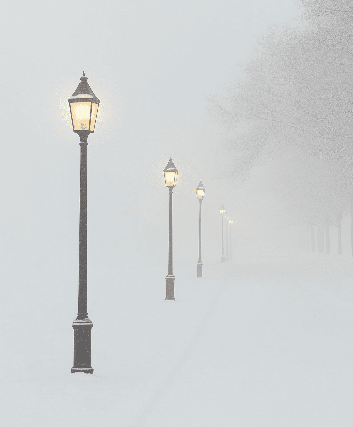 Old street lamps glowing through thick fog on a snowy evening